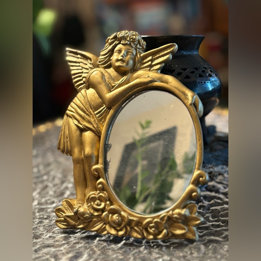 Vintage Gold Cherub Mirror w/ Roses • Romantic Angel Vanity Décor • Collectible - Picture 5 of 14